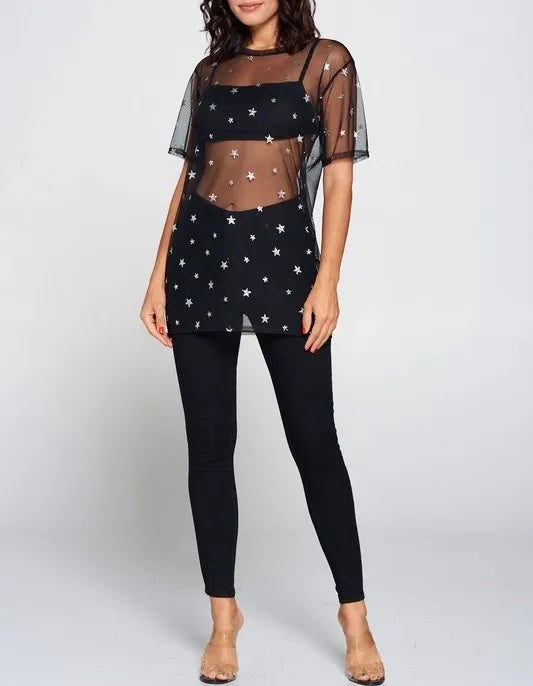 Star Mesh Print Top